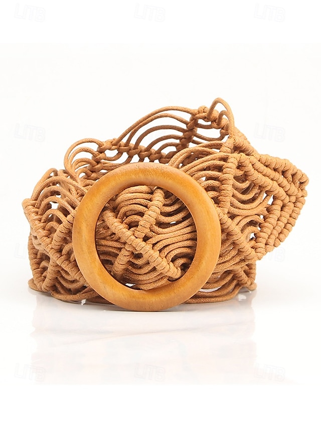  tkaný opasek boho macrame pro ženy – ručně vyrobený široký bederní pás s dřevěnou přezkou, vintage chic styl pro šaty, ležérní outfity a letní plážové oblečení