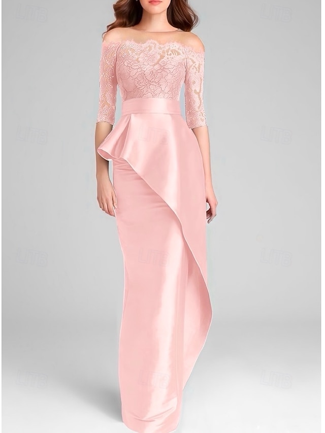 Elegant Half Sleeves Mermaid Lace Satin Floor-Length Mother of the Bride Dresses Side Slit main image 1