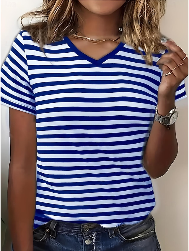  T-shirt femme rayé océan décontracté manches courtes col V hauts réguliers quotidiens sorties week-end imprimé bleu été