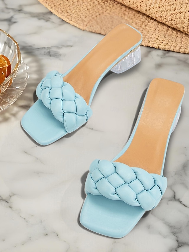  Women's Light Blue Braided Strap Heeled Mules – Trendy Square Toe Summer Sandals