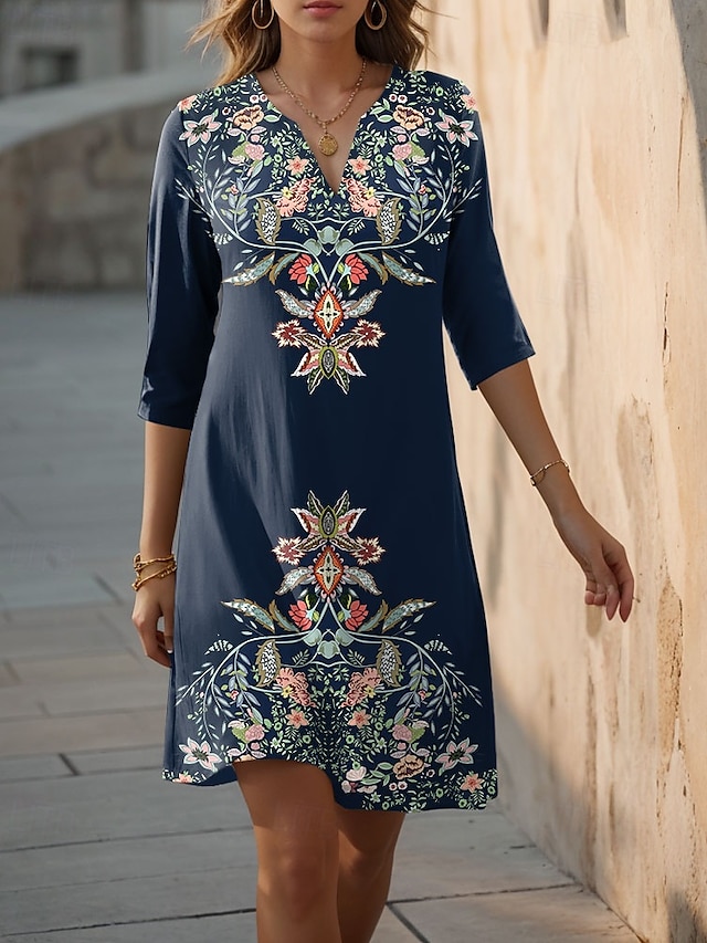  Robe Mini Femme Robe Shift Formelle Vacances Quotidien Ajustement Régulier Floral Graphique Manches 3/4 Col V Bleu Violet Vert Été Printemps