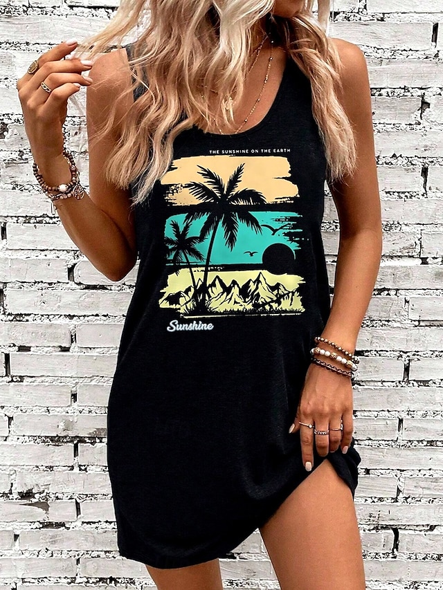 Damen Minikleid A Linie Kleid Sommerkleid Schulterfreies Kleid Urlaub Lässig Lässiger Schnitt Grafik Blatt Ärmellos U-Ausschnitt Schwarz Sommer