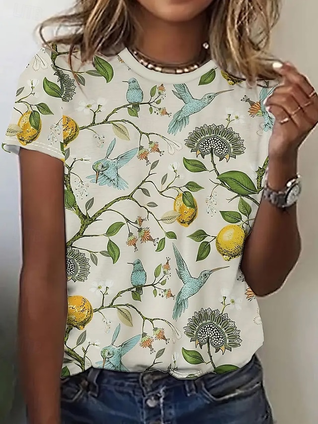  Dam T-shirt Summer Tops Grafisk Fågel Klassisk Ledigt Kortärmad Rund hals Crop Tops Dagligen Helgen Mönster Regnbåge Sommar Vår Höst