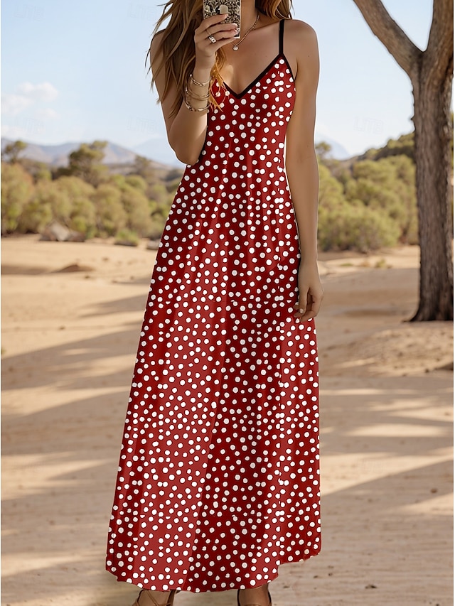  Abito Maxi Donna Abito estivo Abito a A Abito sottoveste Vacanza Casual Quotidiano Spiaggia Taglio Regolare Grafico Pois Senza maniche V Collo Bordeaux Estate Primavera