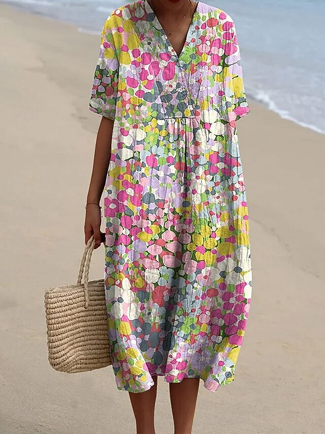Women's Midi Dress Sundress Vacation Casual Beach Going out Loose Fit Floral Graphic Short Sleeve V Neck Pink Blue Summer4