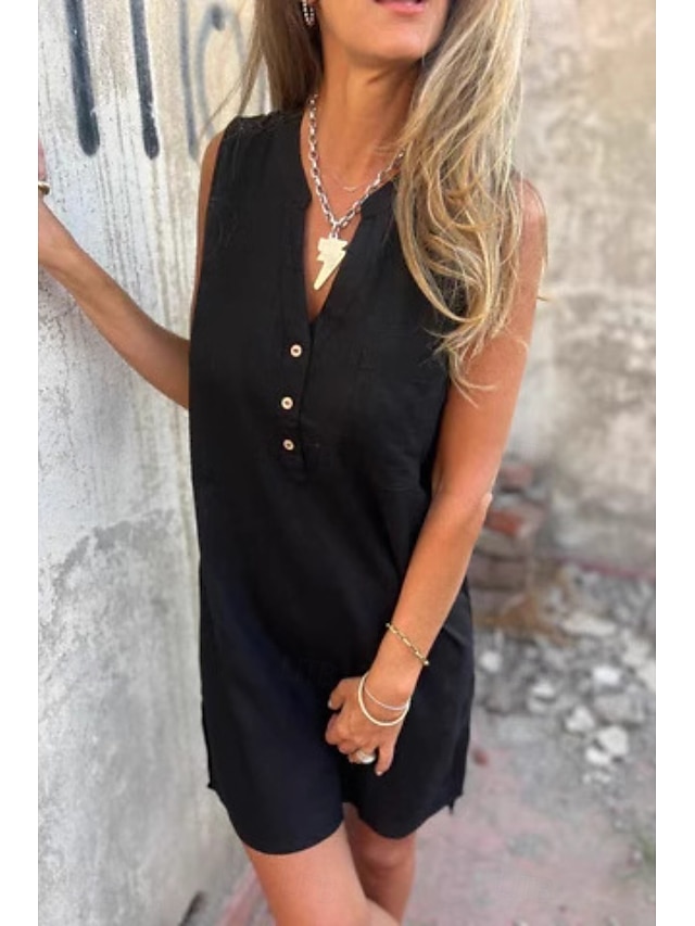  Women's Mini Dress Linen-Inspired Dresses Cotton Linen Dress Fashion Classic Modern Vacation Daily Holiday Regular Fit Plain Sleeveless V Neck Black Beige Grey Light Blue Summer
