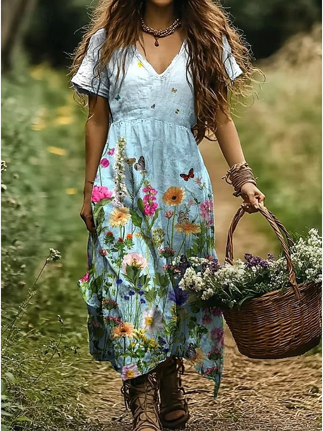  Damen Maxi Kleid Sommerkleid A-Linie Kleid Urlaub Lässig Urlaub Alltag Reguläre Passform Floral Grafik Kurzarm V-Ausschnitt Aschblau Lila Sommer Frühling