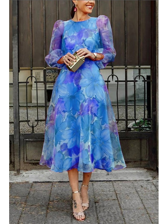  Femmes Robe Midi Robe Fleurie Robe Imprimée Mode Classique Moderne Manches bouffantes Vacances Sortir Week-end Coupe régulière Fleur manche longue Col ras du cou Bleu Rose rouge Été