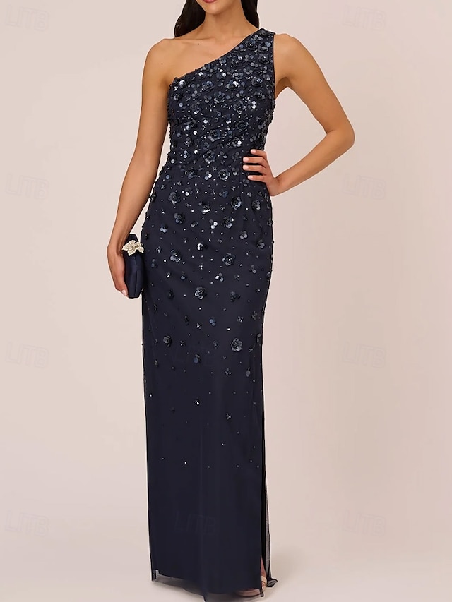  Sheath / Column Beaded Gown Celebrity Style Dress Formal Wedding Guest Floor Length Sleeveless One Shoulder Chiffon with Flowers Beading Sequin Slit