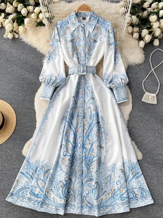  Femmes Robe Midi Robe bohème Mode Fête Sortir Week-end Coupe régulière Fleur manche longue Col de chemise Noir Bleu Abricot Été