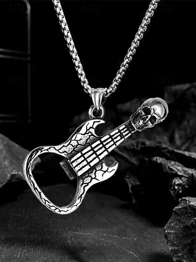  Men's Punk Rock Guitar Necklace with Skull Pendant – Stainless Steel Bottle Opener Chain for Music Lovers, Party & Bar Accessories