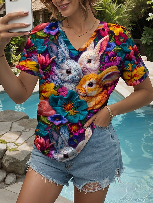  Paște Pentru femei Bluză Floral Grafic Animal Casual Manșon scurt În V Topuri obișnuite Zilnic Imprimeu Curcubeu Vară Primăvară