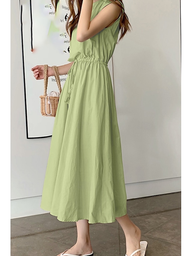  Per donna Abito Midi Abiti in cotone e lino Moda Classico Moderno All'aperto Quotidiano Ferie Vestibilità regolare Semplice Senza Maniche Girocollo Nero Verde chiaro Verde militare Blu marino Estate