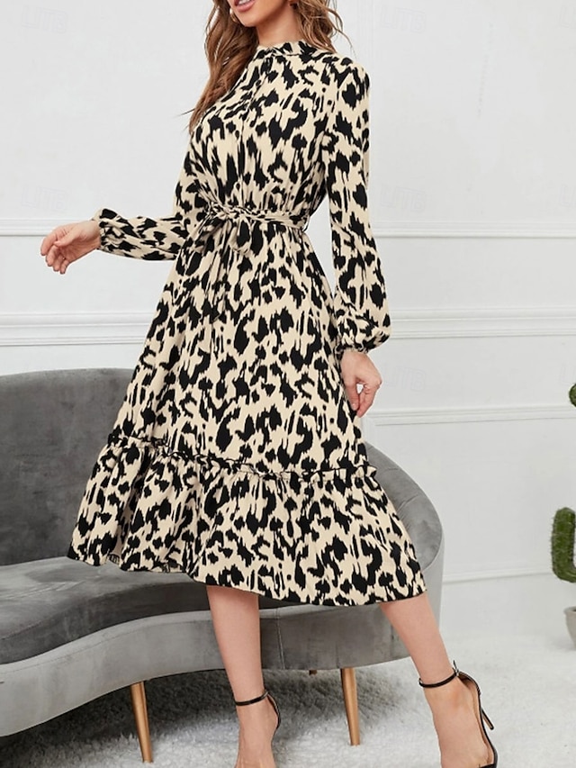  Damen Midi-Kleid A-Linie Kleid Fit And Flare Kleid Urlaub Lässig Alltag Reguläre Passform Grafisch Langarm Hemdkragen Schwarz Sommer