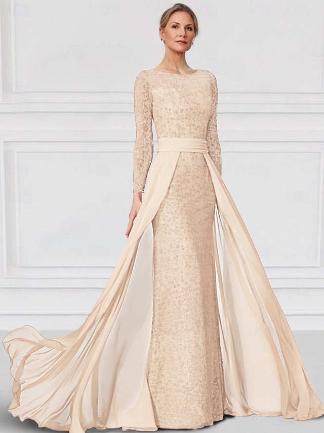 3/4 Sleeves Lace Top Bateau Neck Floor-length Dress Champagne main image 1
