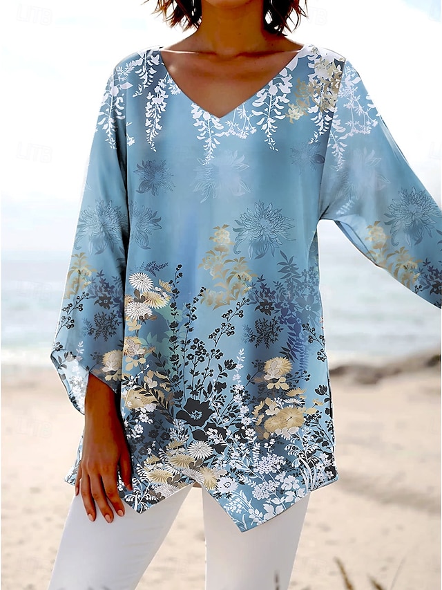  Damblus lång ärm asymmetrisk fåll blommig grafisk elegant hawaiiansk stil kort ärm V-ringad vanliga toppar vardag helg utgående tryck blå lila orange grön sommar vår