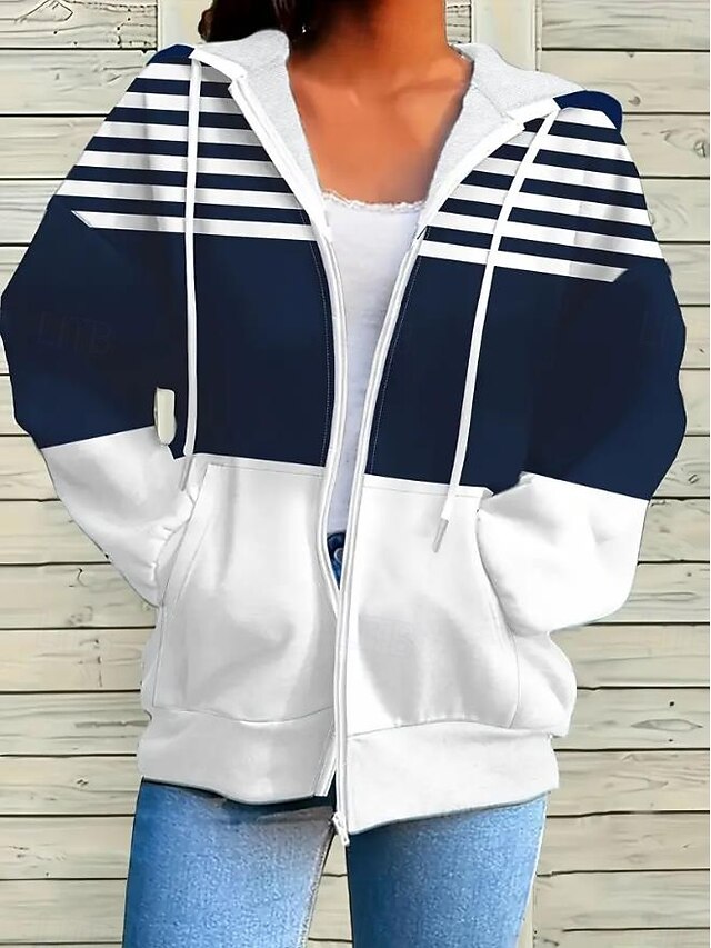 Women's Hooded Sweatshirt Jacket Long Sleeve Zip Up Hoodie With Pocket Lightweight Casual Micro-elastic Oversized Geometric Striped Active Vintage Sports Drawstring Front Pocket Navy Blue Spring Fall4
