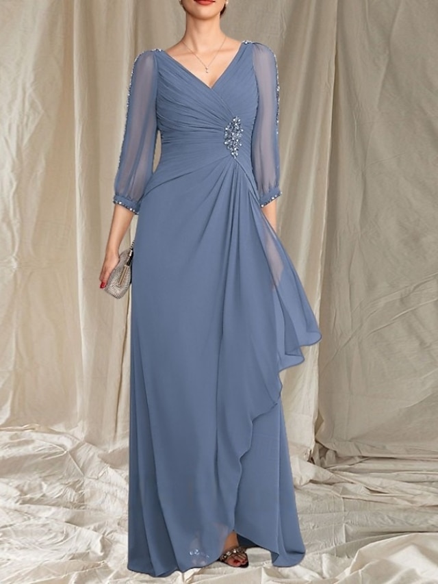  Linea ad A Abito da cerimonia per signora Ospite di nozze Elegante Scollo a V Lunghezza al pavimento Chiffon Manica 3/4 con Perline Arricciatura 2025