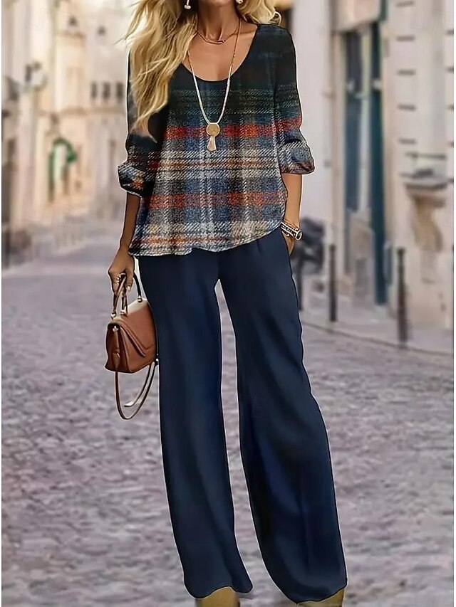 Women's 2 Pieces Basic Neon & Bright Shirt Blouse 3/4 Length Sleeve V Neck Ombre Geometric Print Casual Dark Navy Summer Regular Fit4