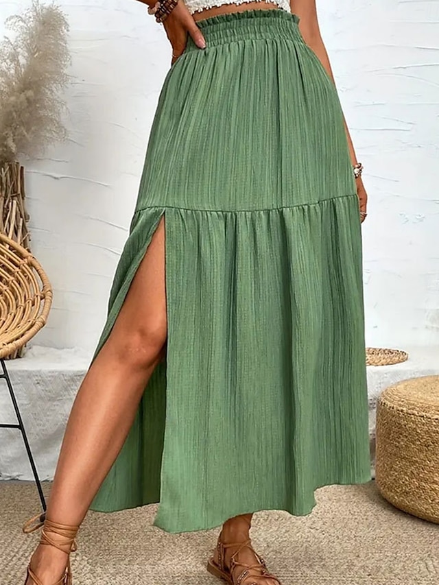  Femmes Jupe Évasé Mode Occasionnel Maxi Taille haute Jupes Couleur Unie A Volants Fendu Micro-Élastique Décontracté Quotidien Week-end Noir Bleu Vert Été Polyester