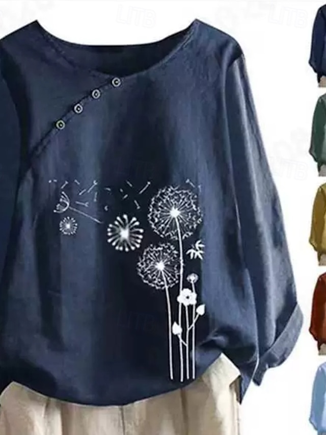  Women's Blouse Cotton Linen Shirts Flower Vintage Basic Casual Long Sleeve Crew Neck Regular Tops Daily Going out Buttons Print Black White Light Brown Brown Summer