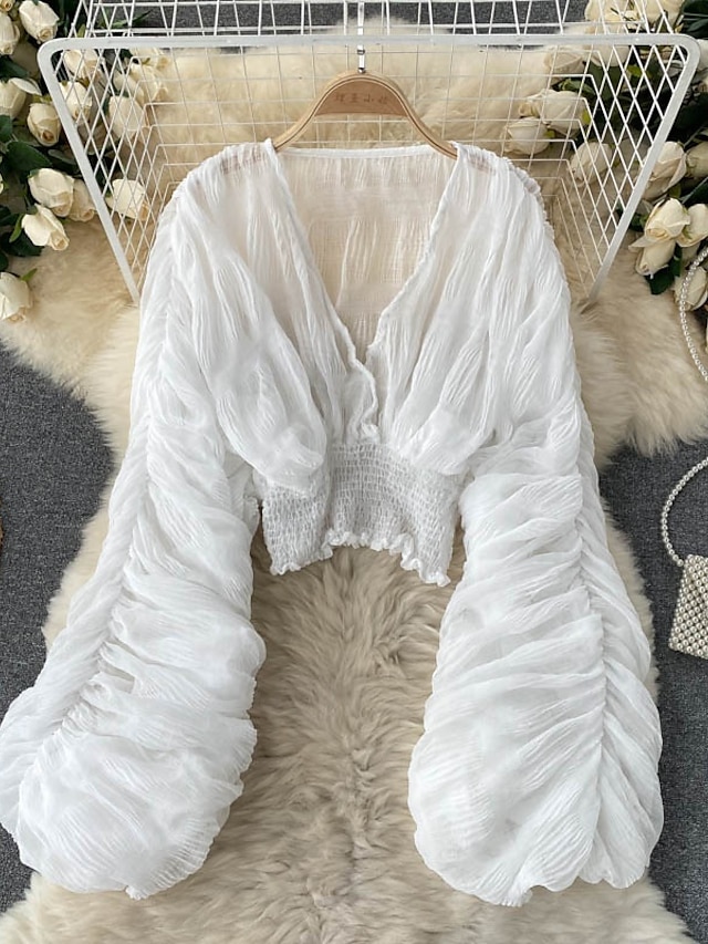  Dam Blus Chiffong toppar Slät Stylish Långärmad Puffärm V-hals Crop Tops Helgdag Utekväll Rynkad Svart Vit Purpur Grön Vår