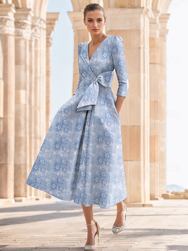  Jacquard A-vonalú Koktélruhák Elegáns Ruha Esküvői Vendég Templomi Bokáig Érő Fél Ujjú V Nyakú Sifon Virágos Masnival Esküvői Vendég Ruha