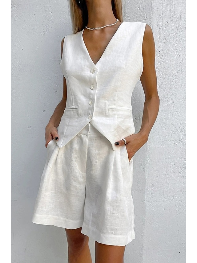  Femmes Mode Streetwear Ensembles inspirés du lin Ensembles deux pièces Chemisier Sans manches Col en V Couleur Unie Dubbele Rij Knopen Sortir Décontracté Quotidien Blanche Bleu Orange Été Coupe