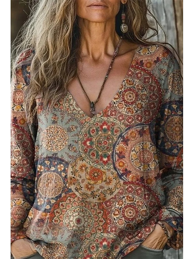  Femmes Chemises inspirées du lin T-shirt Fleuri Mode Occasionnel manche longue Col en V Hauts Réguliers Quotidien Sortir Imprimé Rouge Orange Marron Vert Été