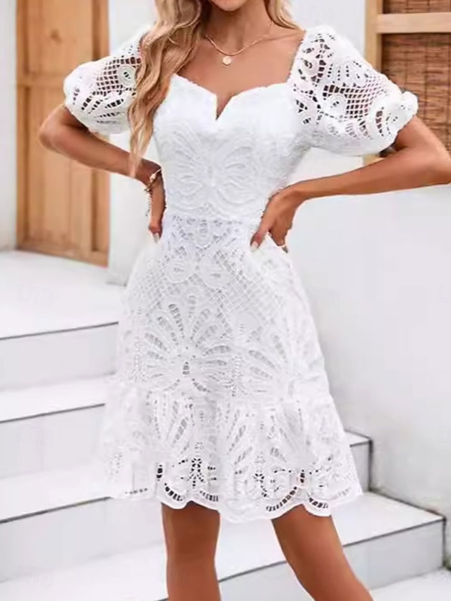  Damen Minikleid A Linie Kleid Sommerkleid Kleid mit Lochstickerei Urlaub Lässig Täglich Normale Passform Grafik Kurzarm V Ausschnitt Weiß Sommer