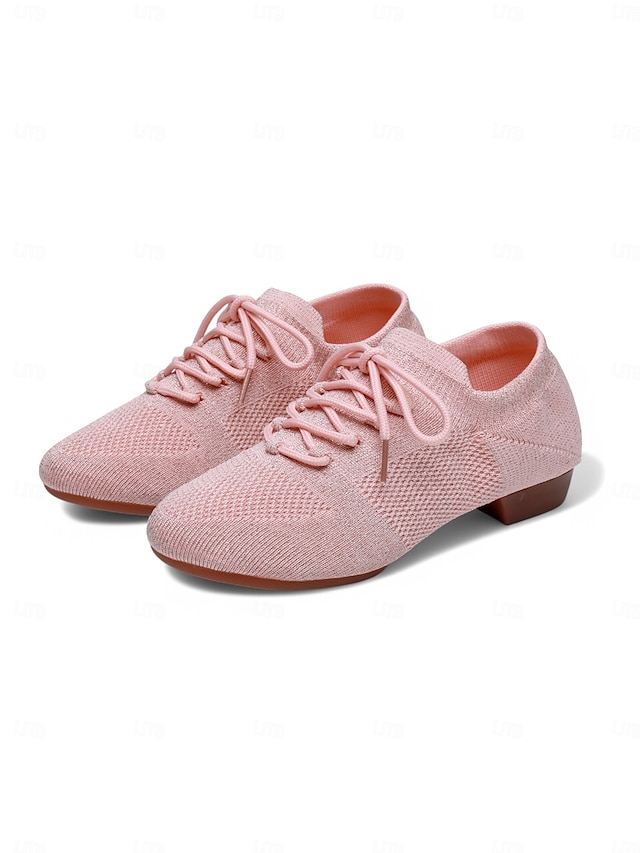  sapatos de dança femininos de malha rosa com cadarço e salto baixo – sapatos confortáveis casuais e de salão