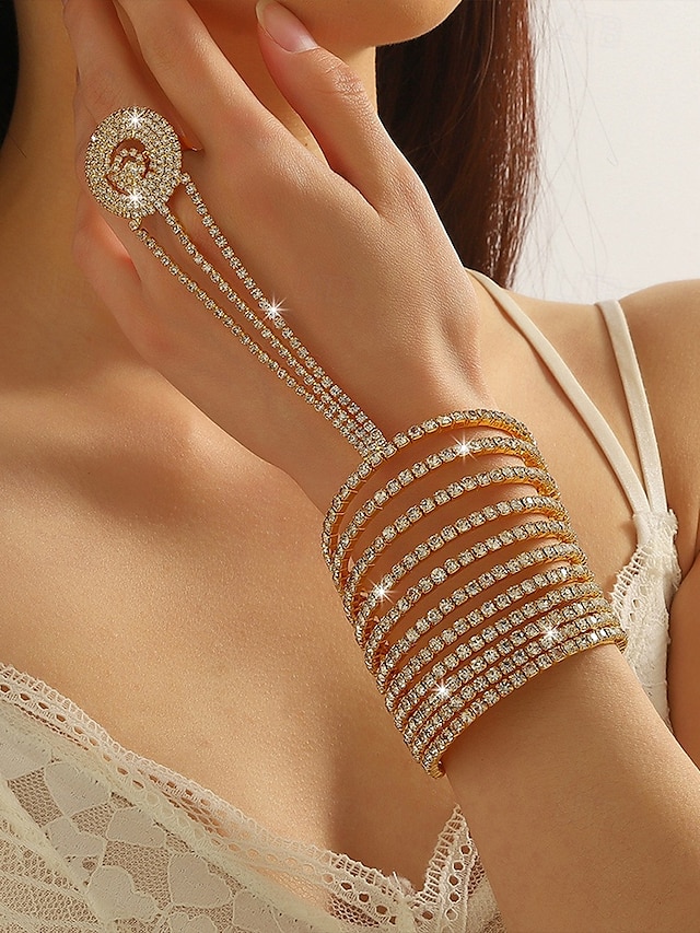  Bracelet chaîne de luxe en strass avec anneau – bijoux scintillants pour femmes, parfaits pour les mariages, les fêtes et les galas