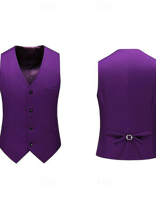  Men's Fashion Vest Solid Color Standard Fit V Neck Single Breasted Four-buttons Black Burgundy Navy Blue
