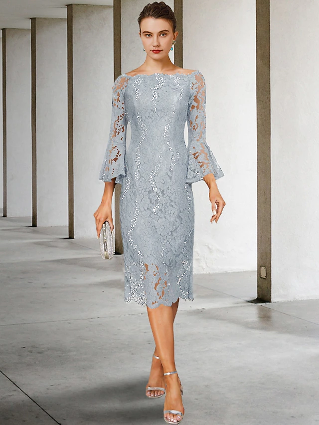 Sheath Mother of the Bride Dress Wedding Guest Elegant Vintage Jewel Neck Tea Length Lace 3/4 Length Sleeve with Sequin 12