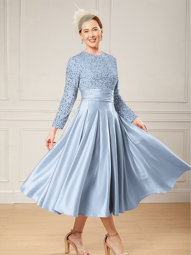  Abito A-Line per madre della sposa elegante collo gioiello lungo fino al pavimento in satin maniche lunghe con pieghe e paillettes