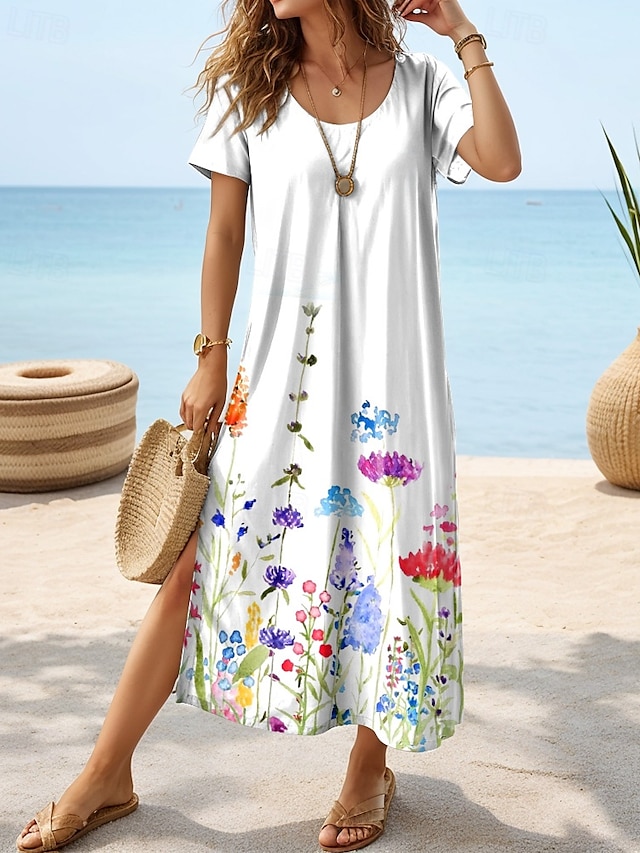  Damskie Sukienka midi Sukienka letnia Sukienka A line Urlop Codzienny Boho Motylkowy Urlop Plaża Regularny Graficzny Geometryczny W Tureckie Wzory Krótki rękaw Wycięcie pod szyją Biały Żółty