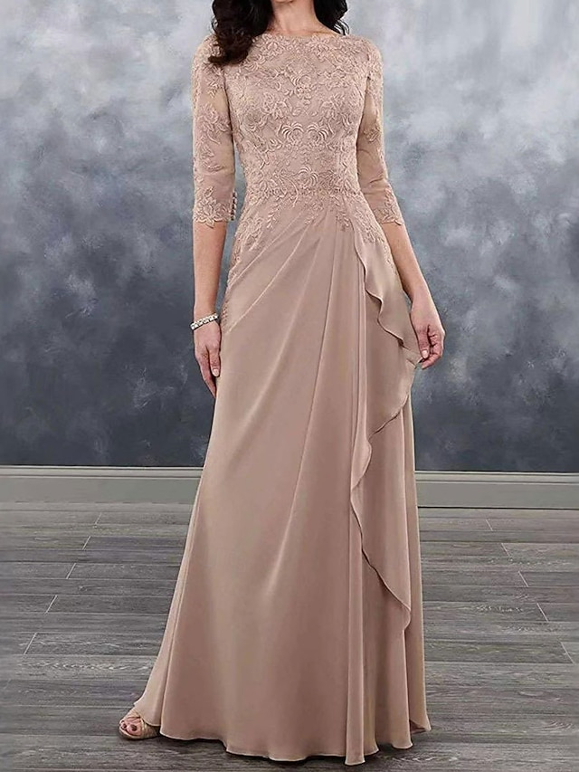  Šaty matky nevěsty svatební host Elegantní jednoduchý kulatý výstřih podlahové délky polyester 3/4 délka rukávu s krajkou jednobarevné