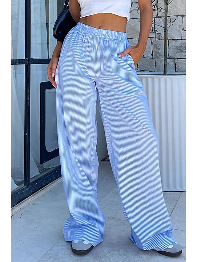  Damen Weites Bein Stoffhosen Mode Streetwear Volle Länge Natürliche Taille Gestreift Tasche Elastischer Bund Bequem Straße Ausgehen Rosa Blau Sommer Normale Passform