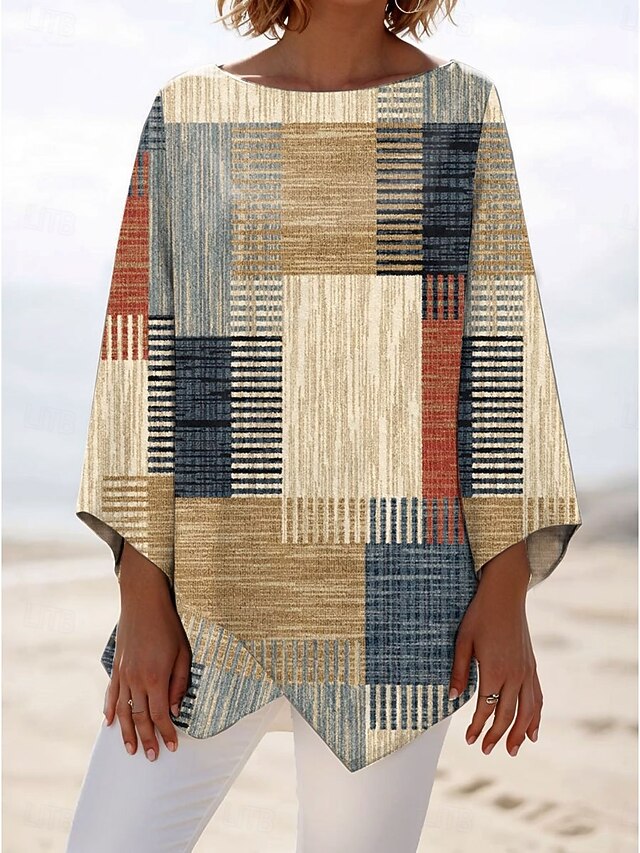 Women's Blouse Long Sleeve Asymmetrical Hem Graphic Geometric Plaid Stylish Beach 3/4 Length Sleeve Crew Neck Regular Tops Daily Print Khaki Spring Fall3