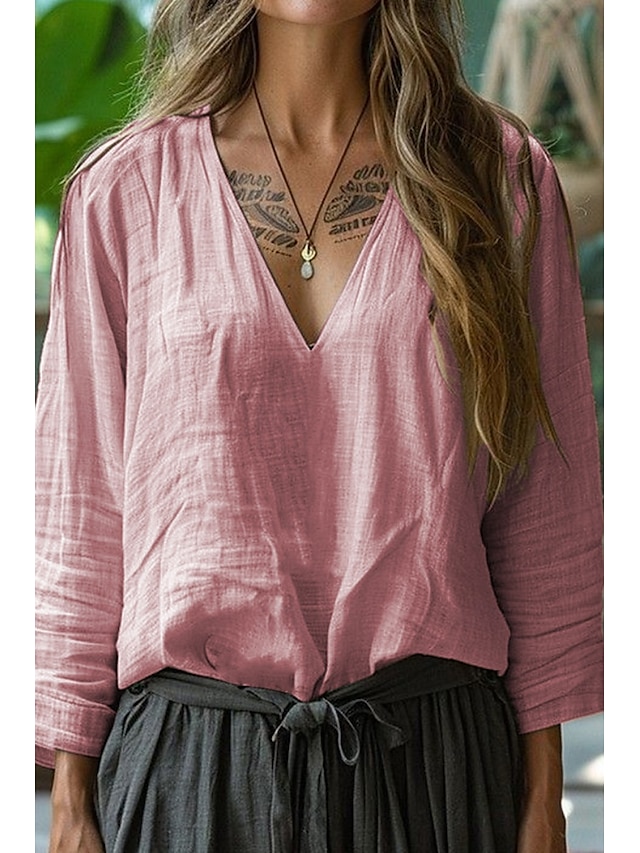  Damen Hemd Bluse Baumwoll-Leinen-Hemden Einfach Basic Modern Langarm V Ausschnitt Normale Oberteile Täglich Ferien Ausgehen Rosa Armeegrün Kamel Leicht Blau Sommer