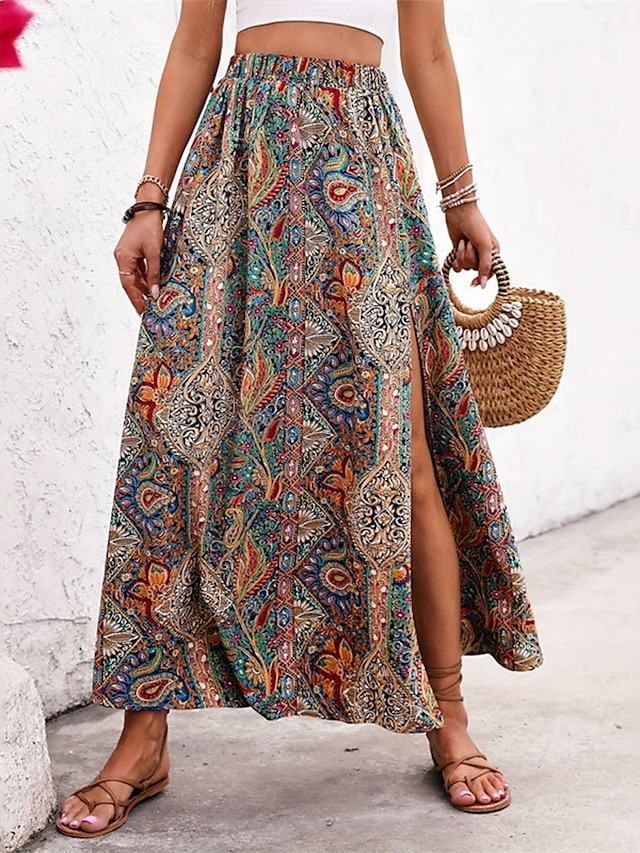  Women's Skirt A Line Swing Casual Boho Maxi High Waist Skirts Graphic Paisley Print Split Ends Vacation Holiday Blue Purple Summer Polyester