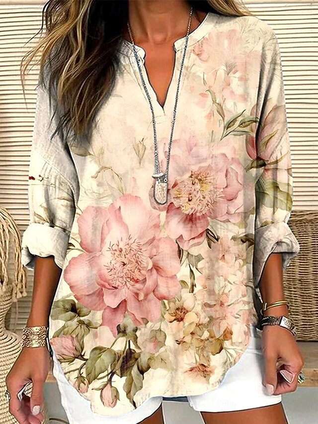 Women's Blouse Tunic V Neck Long Sleeve Boho Casual Tops Floral Basic Regular Tops Daily Buttons Print Apricot4