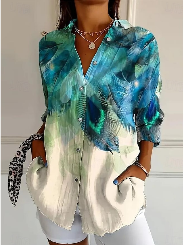  Femmes Chemise Graphique Plume Occasionnel manche longue Col de chemise Hauts Réguliers Travail Quotidien Boutons Imprimé Bleu Été Printemps