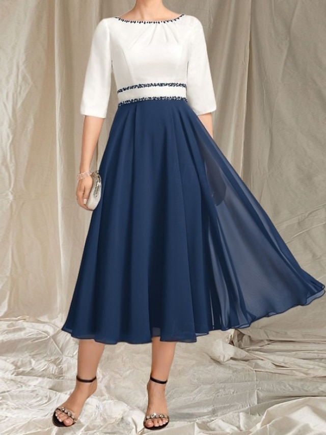  A-Linie Brautmutterkleid Hochzeitsgast Elegantes Rundhals Tee-Länge Chiffon Satin Halbarm mit Perlen Raffung Midi Kleid 2025