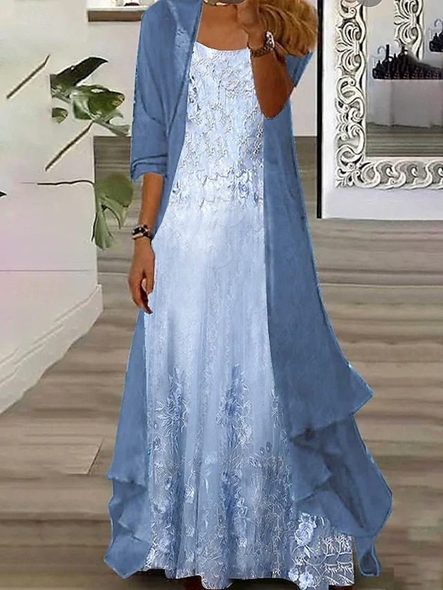  Damen Kleid Set Maxikleid A-Linien Kleid Sommerkleid Urlaub Boho Ombre Floral Print 3/4-Ärmel Rundhalsausschnitt Outdoor Täglich Blau Sommer Frühling Lockere Passform