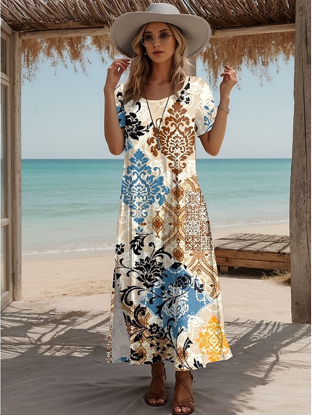  Rochie maxi pentru femei Rochie A Line Rochie T Shirt Rochie Tee Vacanță Casual Plajă Ajustare Regulată Grafic Floral Tribal Mâneci Scurte Gât Crew Bej Vară
