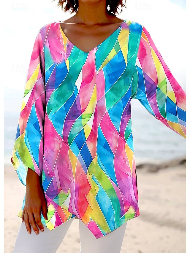 Women's Blouse Long Sleeve Asymmetrical Hem Ombre Bohemia Daily Hawaiian V Neck Regular Tops Daily Holiday Beach Wear Asymmetric Hem Blue Summer Spring3