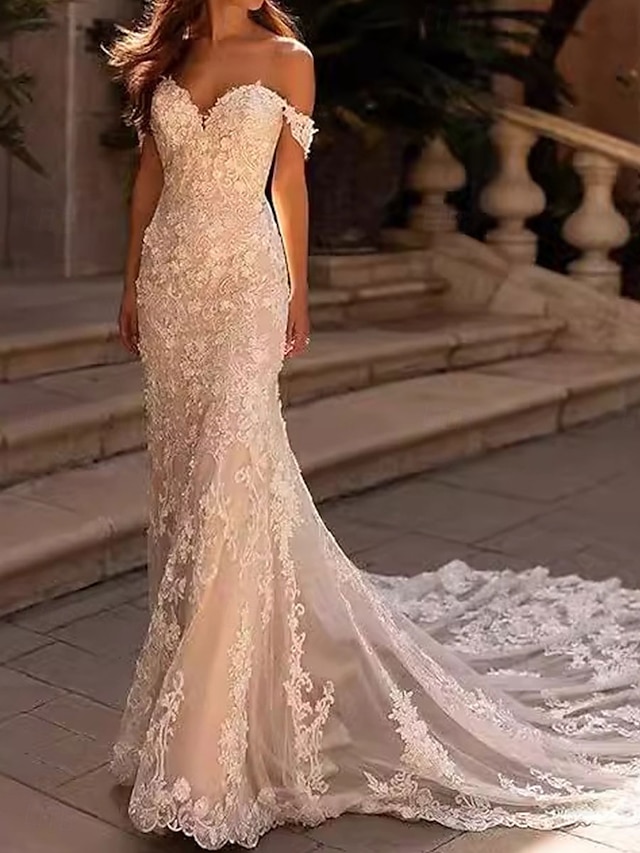  Robes de mariage en sirène  trompette Sans épaules Sans manches Traîne de cour Tulles Robes de mariée Unies