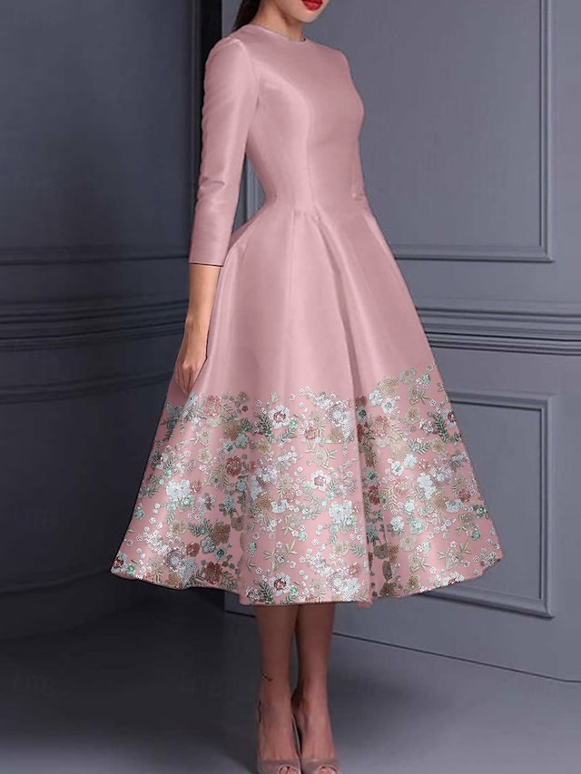 Lace 3/4 Length Sleeve A-Line Tea Length Party Dress with Sash Ribbon & Crystal Brooch