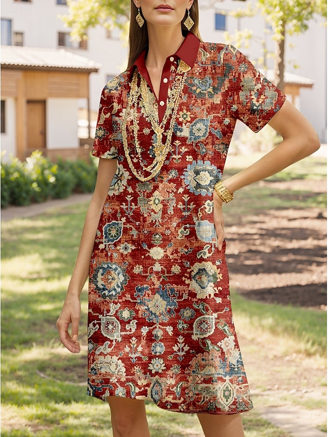  Damen Midikleid A Linie Kleid Urlaub Lässig Täglich Date Normale Passform Grafik Geometrisch Kurzarm Hemdkragen Wein Sommer